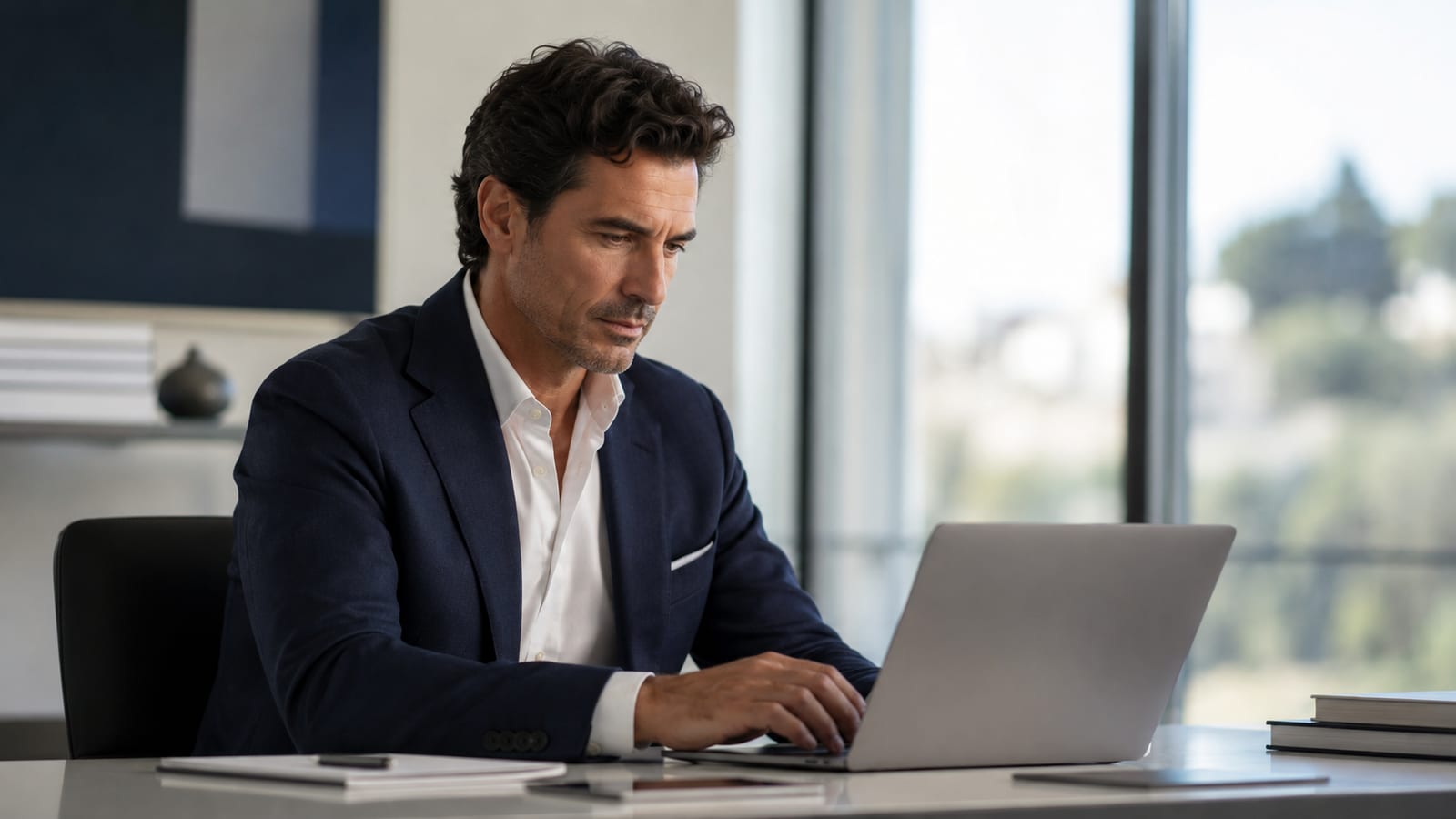 Professionista in giacca al lavoro su un laptop in un ufficio luminoso