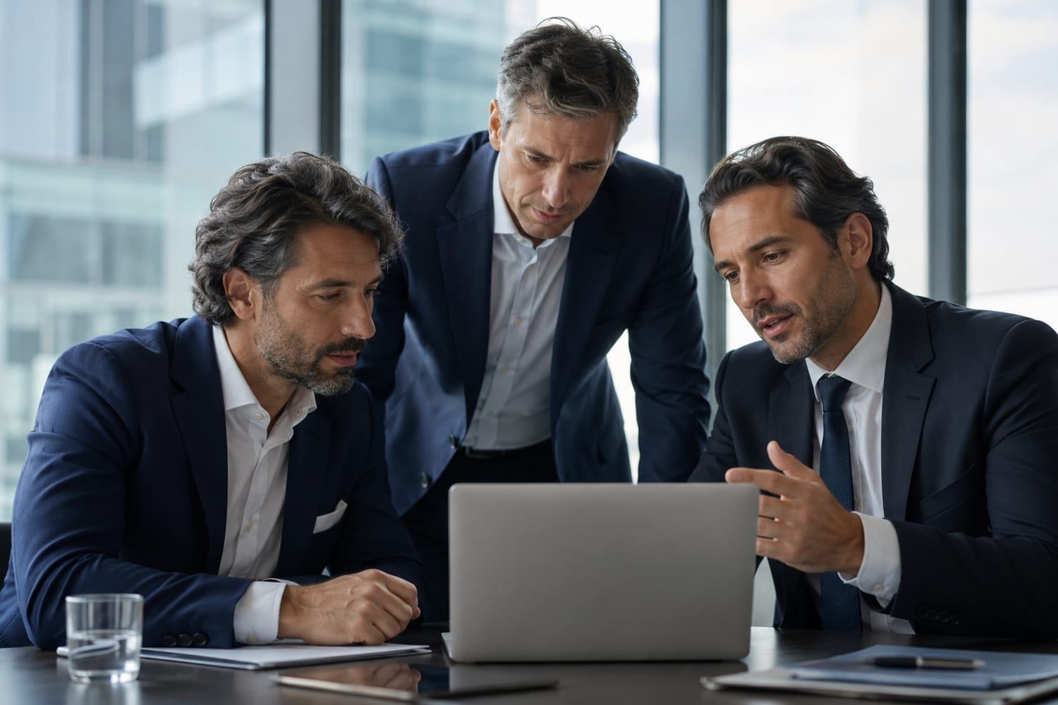Tre professionisti in giacca collaborano davanti a un laptop in un ufficio moderno