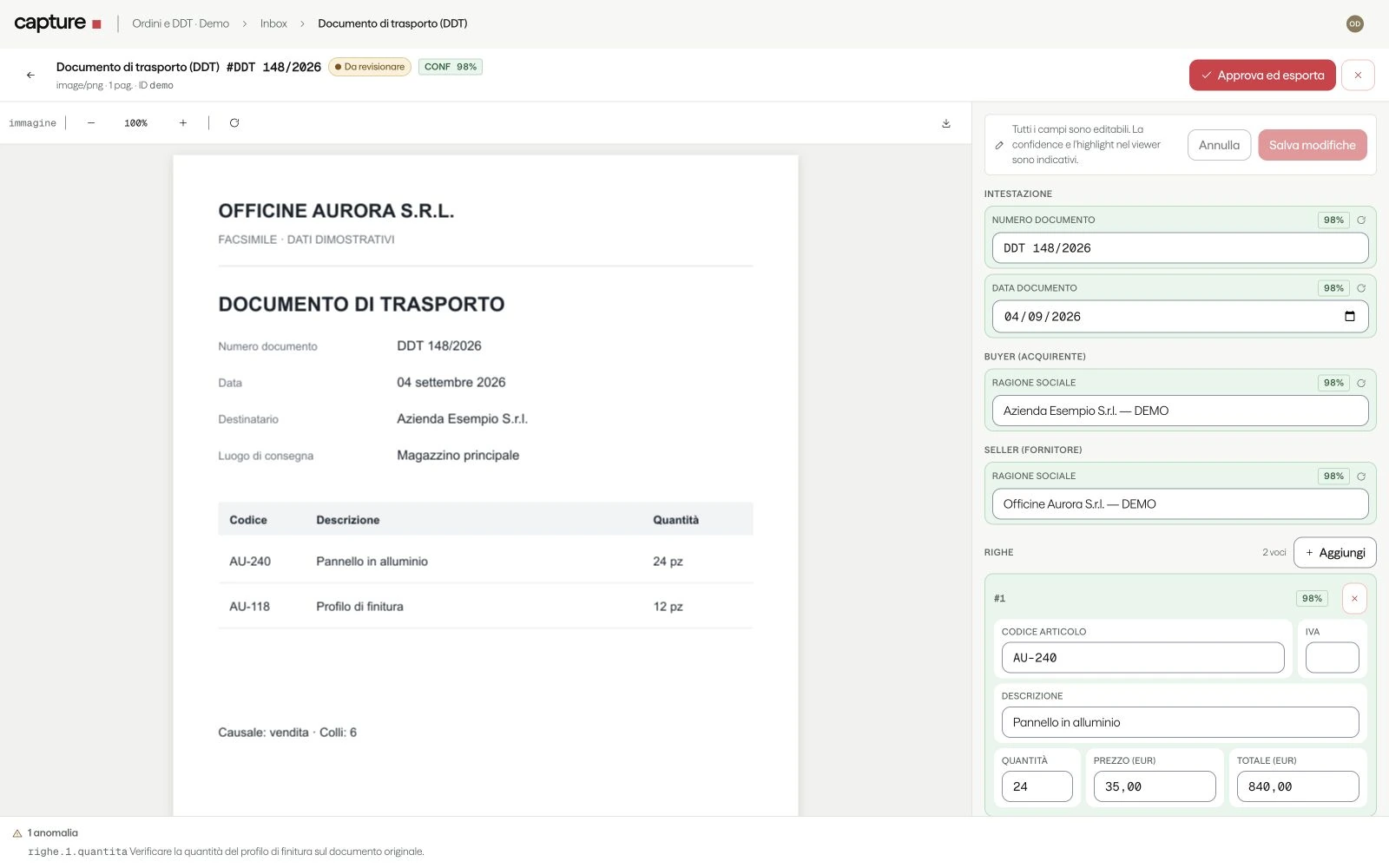 Capture: Il documento di trasporto affiancato ai campi estratti, con confidenza e anomalie da verificare. Interfaccia con dati dimostrativi.