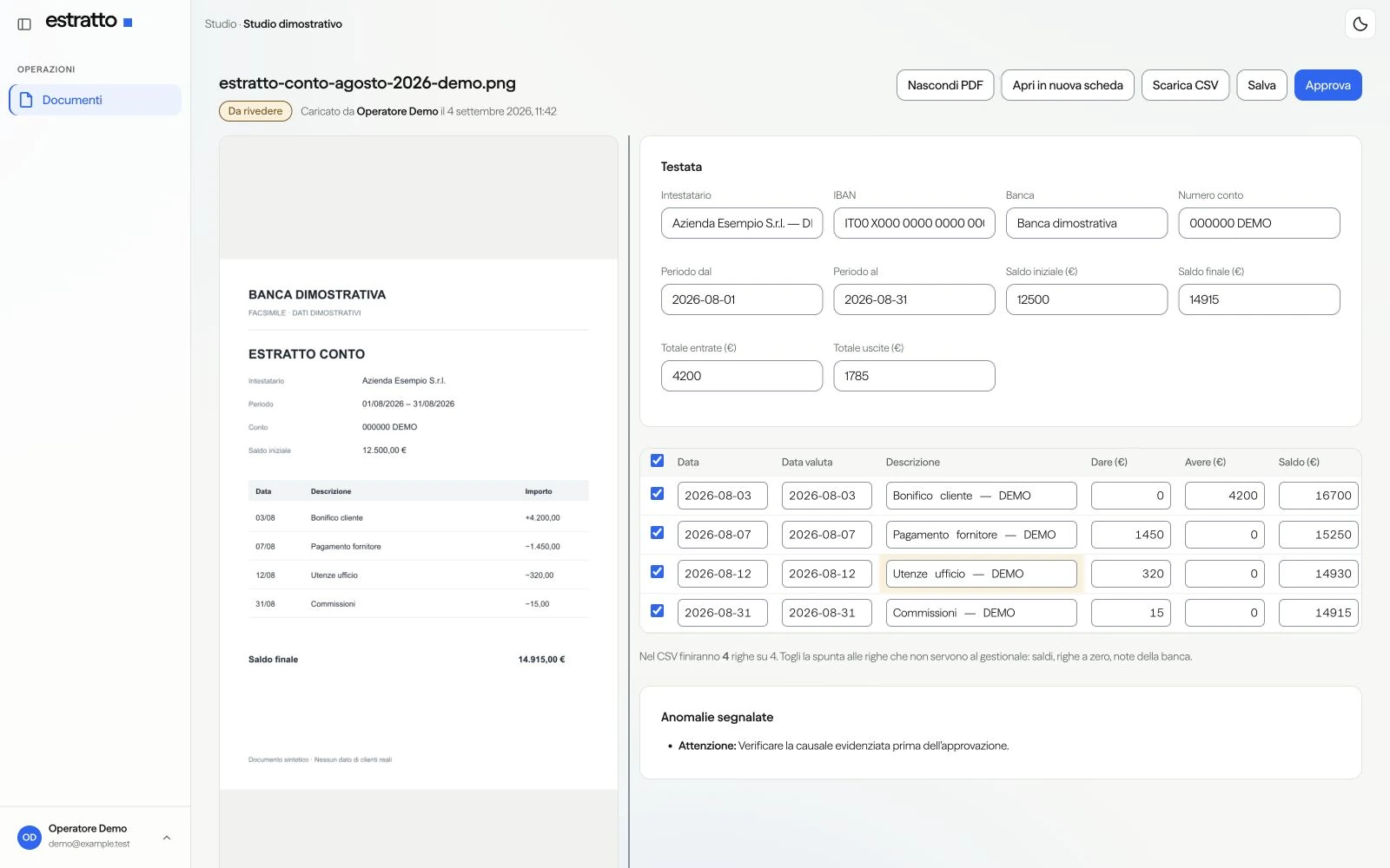 Estratto: Il documento bancario e i movimenti correggibili prima dell’approvazione e dell’esportazione CSV. Interfaccia con dati dimostrativi.