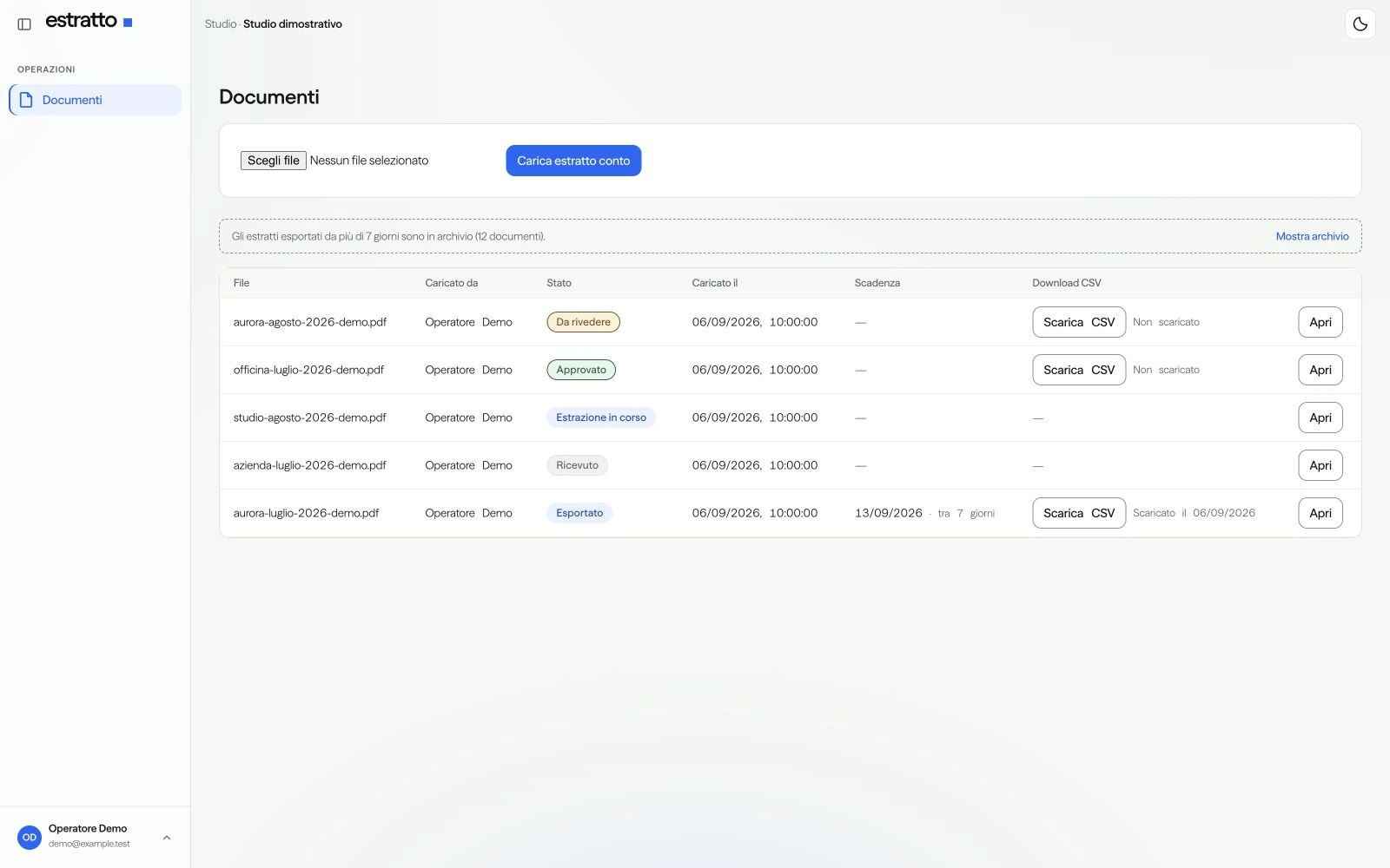 Estratto: Caricamento degli estratti conto, stato di lavorazione e download CSV raccolti nella lista dello studio. Interfaccia con dati dimostrativi.