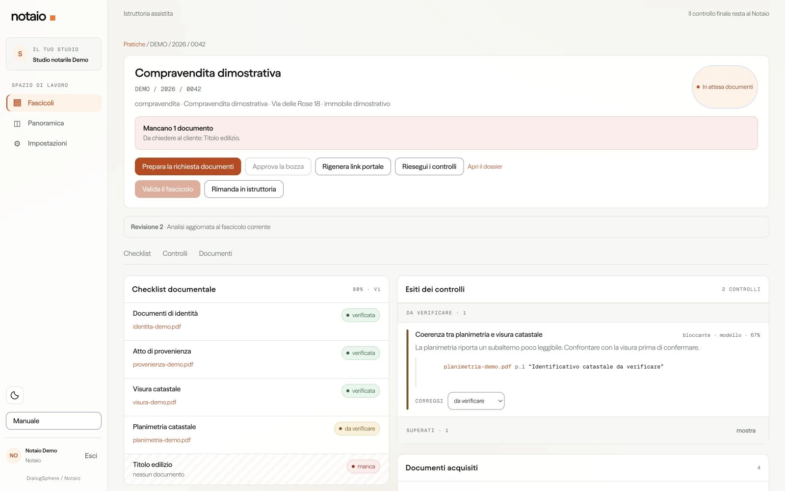 Notaio: Checklist, documenti e segnalazioni nella versione di fattibilità. Gli esiti dei controlli visibili richiedono la verifica dello studio. Interfaccia con dati dimostrativi.